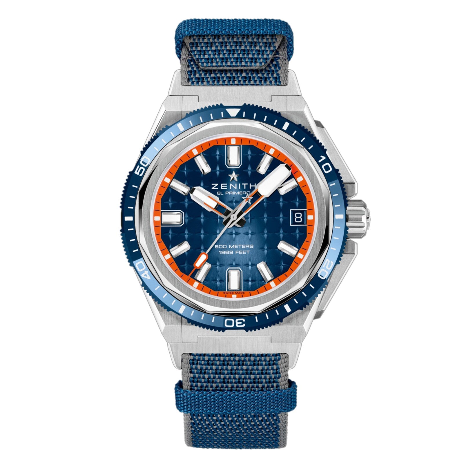 The Zenith Defy Extreme Diver features a titanium case, blue strap, blue and orange bezel, blue textured dial, white hands, orange hour markers, date display, and is water-resistant to 1000 meters.