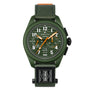 The Zenith Limited Edition Pilot Big Date Flyback Porter features a khaki-green ceramic case, fabric strap with Tokyo Porter branding, white numerals, orange hands, and subdials.