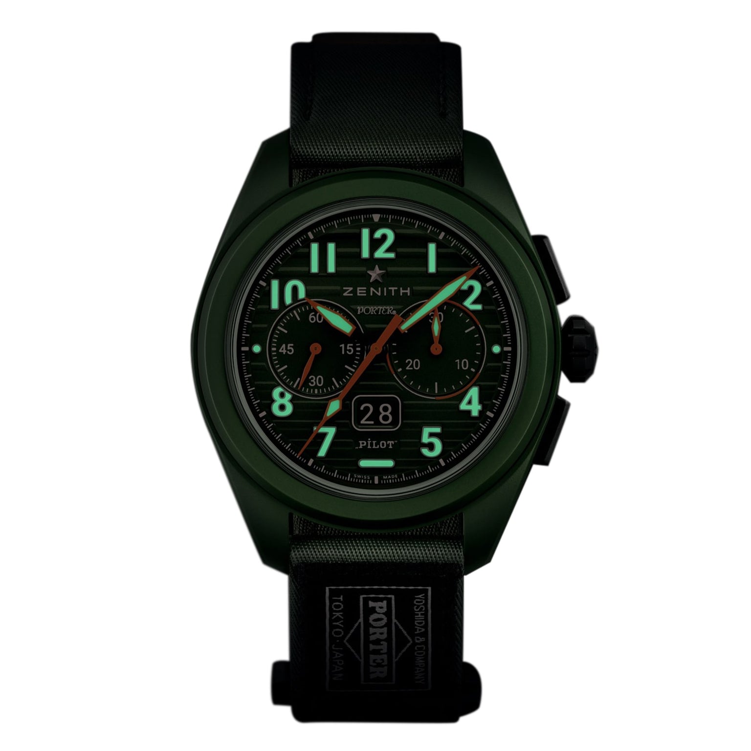 A Zenith Limited Edition Pilot Big Date Flyback Porter wristwatch with luminous green markers, khaki-green ceramic case, black strap, and two subdials is shown against a white background.