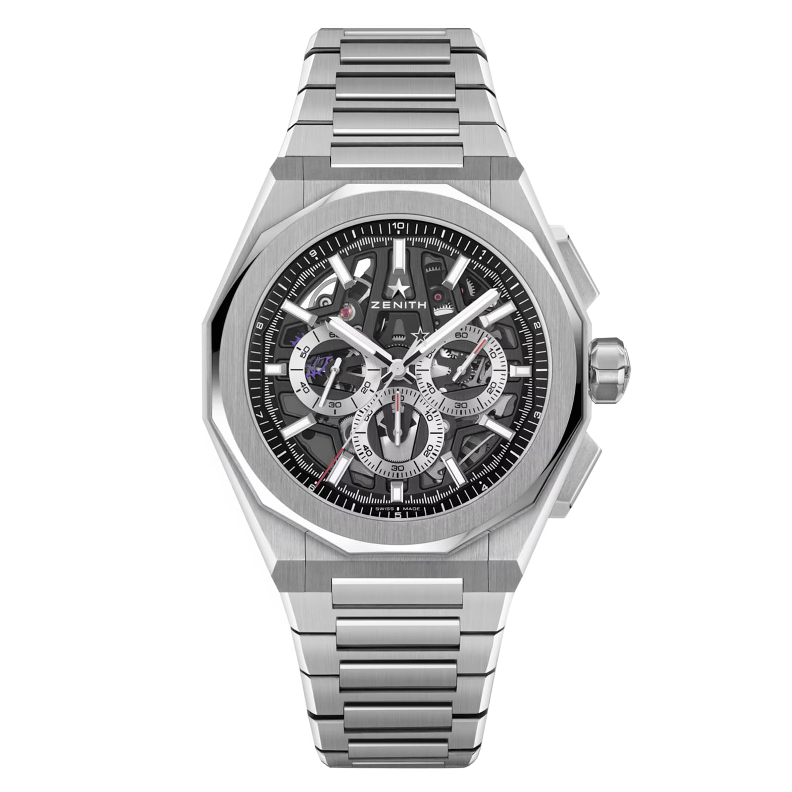 The Zenith Defy Skyline Skeleton - Black features a silver-tone stainless steel bracelet and a skeleton dial with visible gears.
