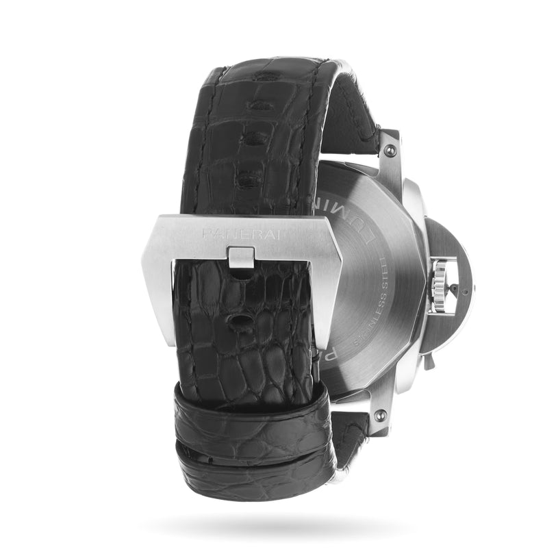 The Panerai Luminor Chrono luxury sports watch features a black textured leather strap, engraved stainless steel clasp and case, and the signature crown guard on the right side. The image shows the watch from the back.