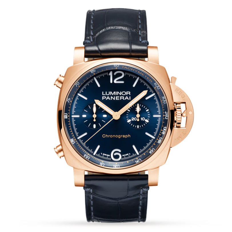 The Panerai Luminor Chrono tech Blu Notte features a Goldtech rose gold case, blue dial, gold hands, black leather strap, chronograph subdials, and the brand’s signature crown guard.
