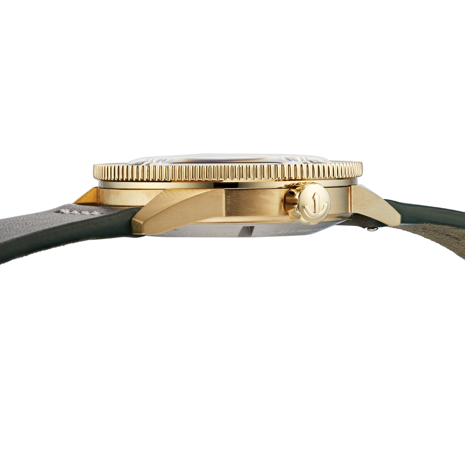 Side view of the Rado Captain Cook Automatic Bronze watch featuring a gold wristwatch aesthetic, green strap, bronze case accents, engraved anchor crown, and a textured bezel.