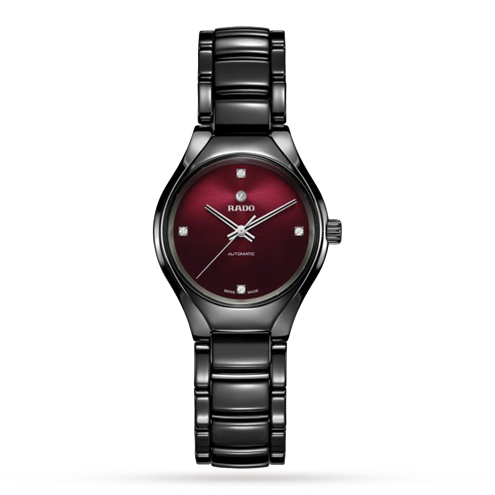 The Rado True Round Automatic Diamonds is a black ceramic wristwatch featuring a dark red dial, silver hour and minute hands, four diamond hour markers, and RADO AUTOMATIC branding on the face.