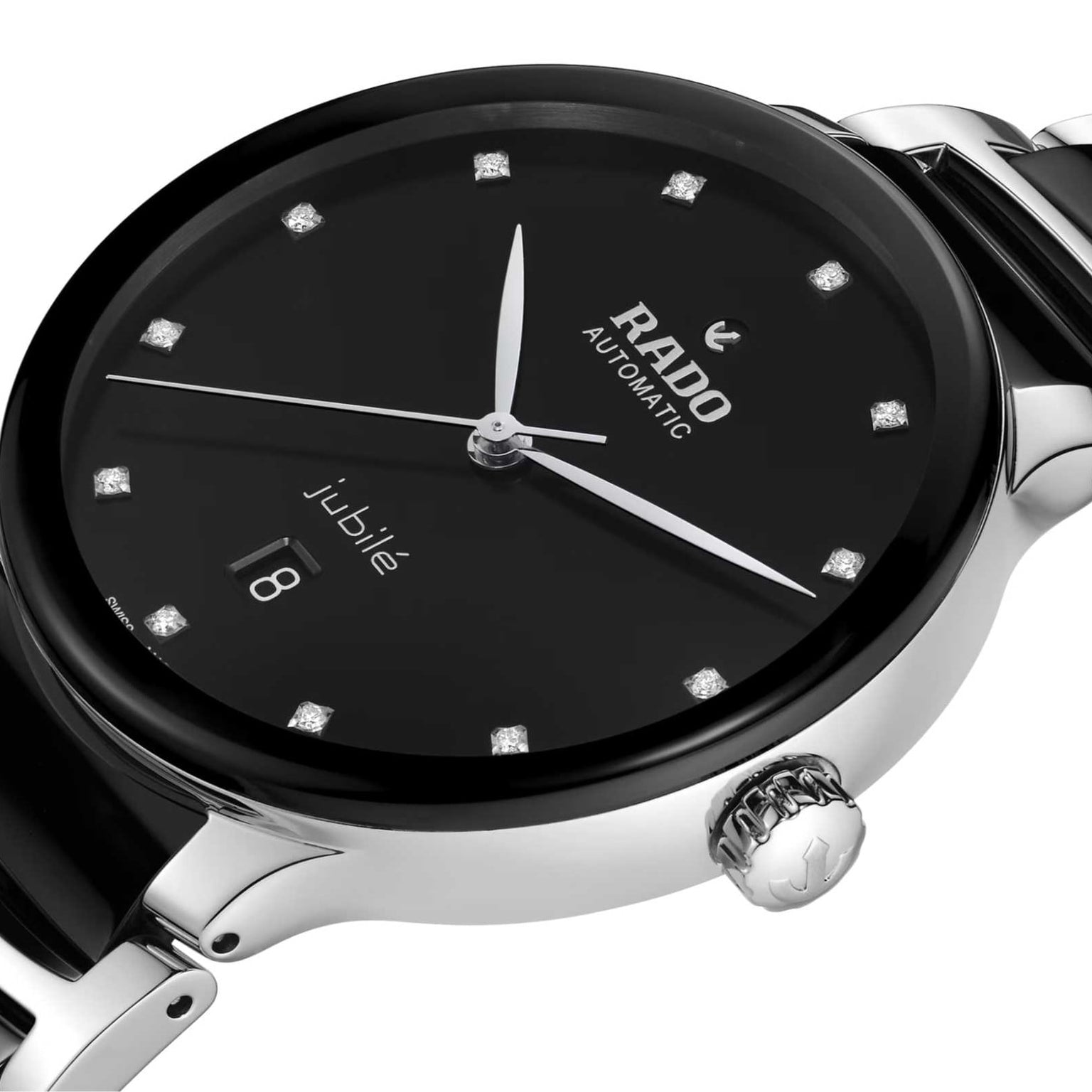 Close-up of the Rado Centrix Automatic Diamonds wristwatch featuring a black dial, diamond hour markers, date display at 6 oclock, and a stainless steel case and band with sapphire crystal.