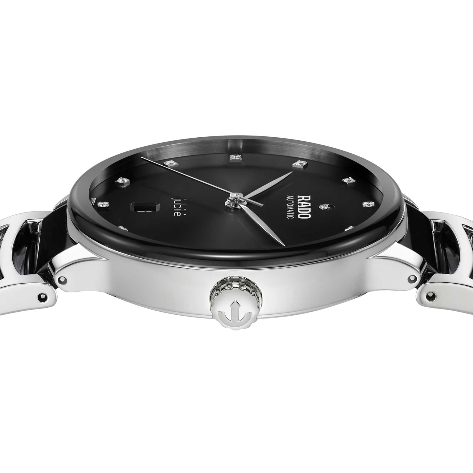 Side view of the Rado Centrix Automatic Diamonds watch featuring a black dial, diamond hour markers, and a silver metal case and bracelet. Its sapphire crystal protects the face, and the crown is adorned with an anchor symbol.