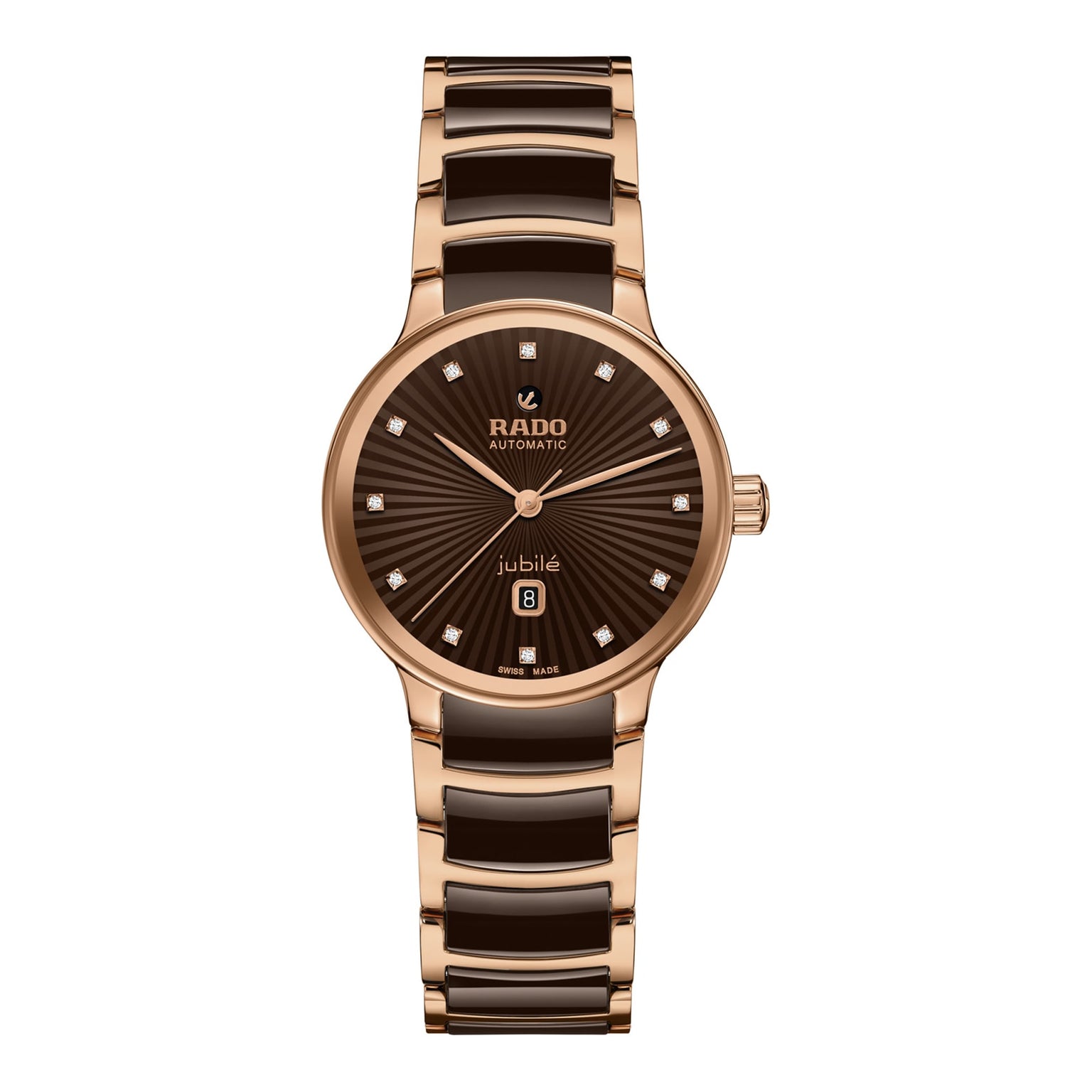 The Rado Centrix Automatic Diamonds wristwatch features a gold and black design, brown dial, date display, diamond hour markers, and a metal link bracelet from the renowned Swiss brand.