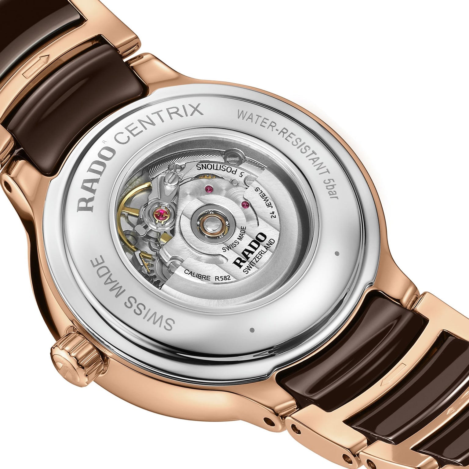Close-up of the back of a Rado Centrix Automatic Diamonds watch, featuring exposed movement and case engravings such as water resistance and Swiss-made markings from the renowned Swiss brand.