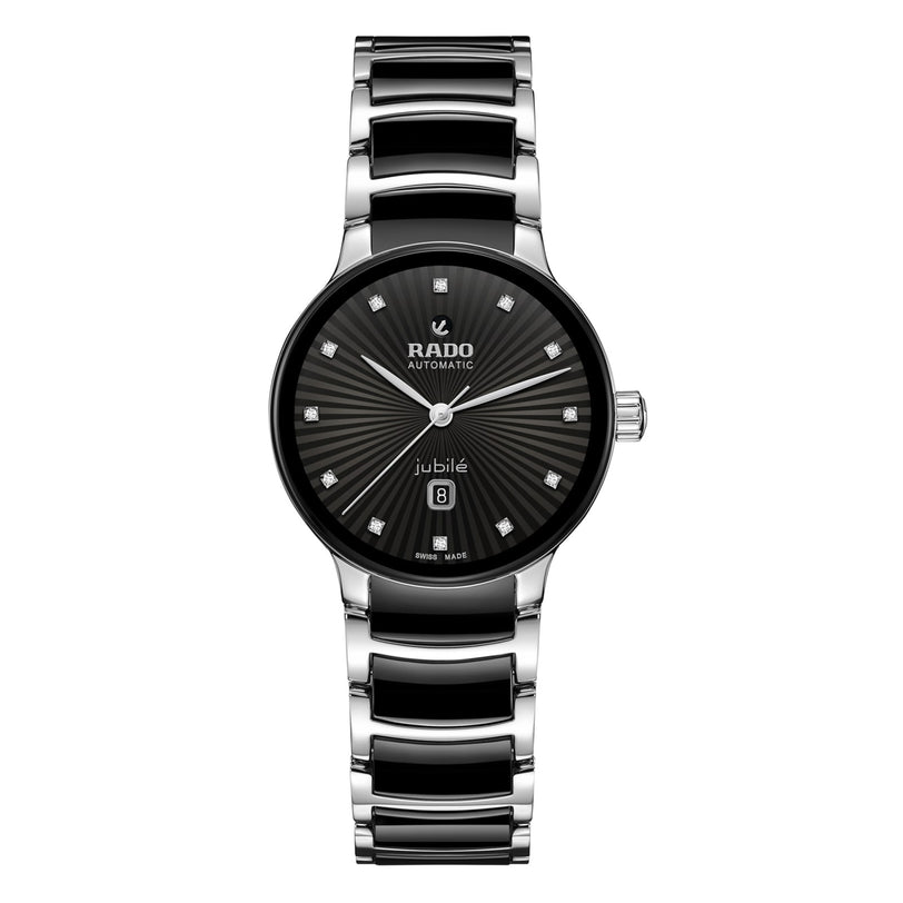 A Rado Centrix Automatic Diamonds wristwatch in silver and black, featuring a black patterned dial, diamond hour markers, and a date display at 6 oclock.