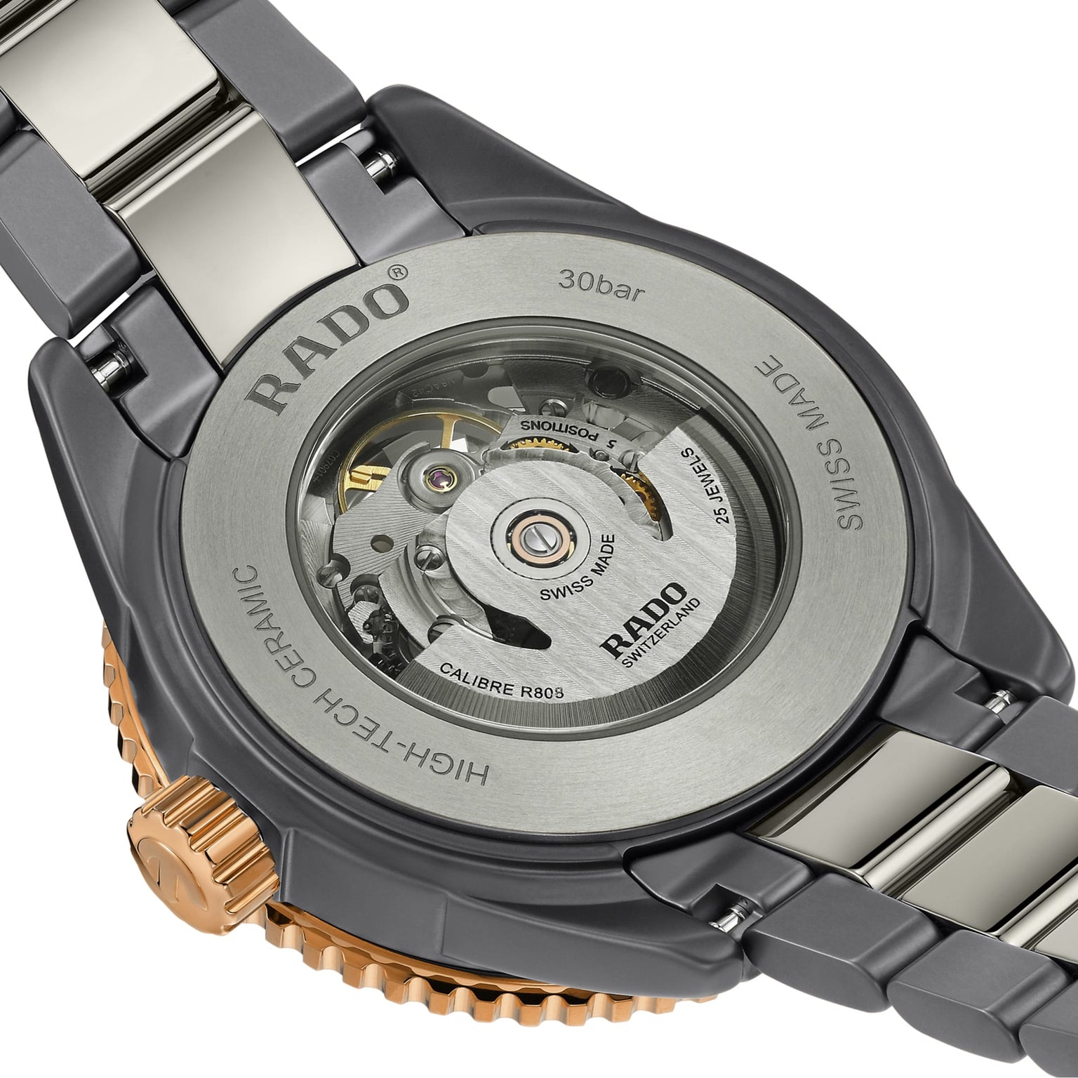 Close-up of the Rado Captain Cook High-Tech Ceramic Skeleton, displaying its intricate movement through the transparent case back, with model and material inscriptions visible.