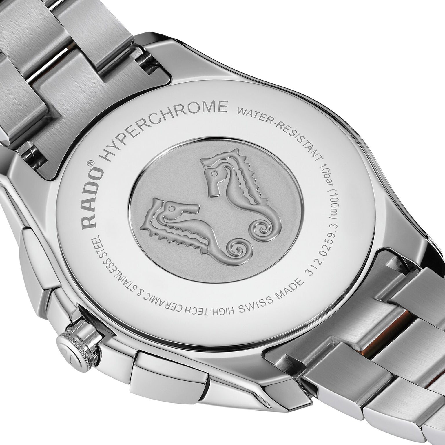 Close-up of the back of a Rado Hyperchrome Chronograph, highlighting its engraved seahorses, water resistance details, and the sleek high-tech ceramic finish that defines this sophisticated timepiece.