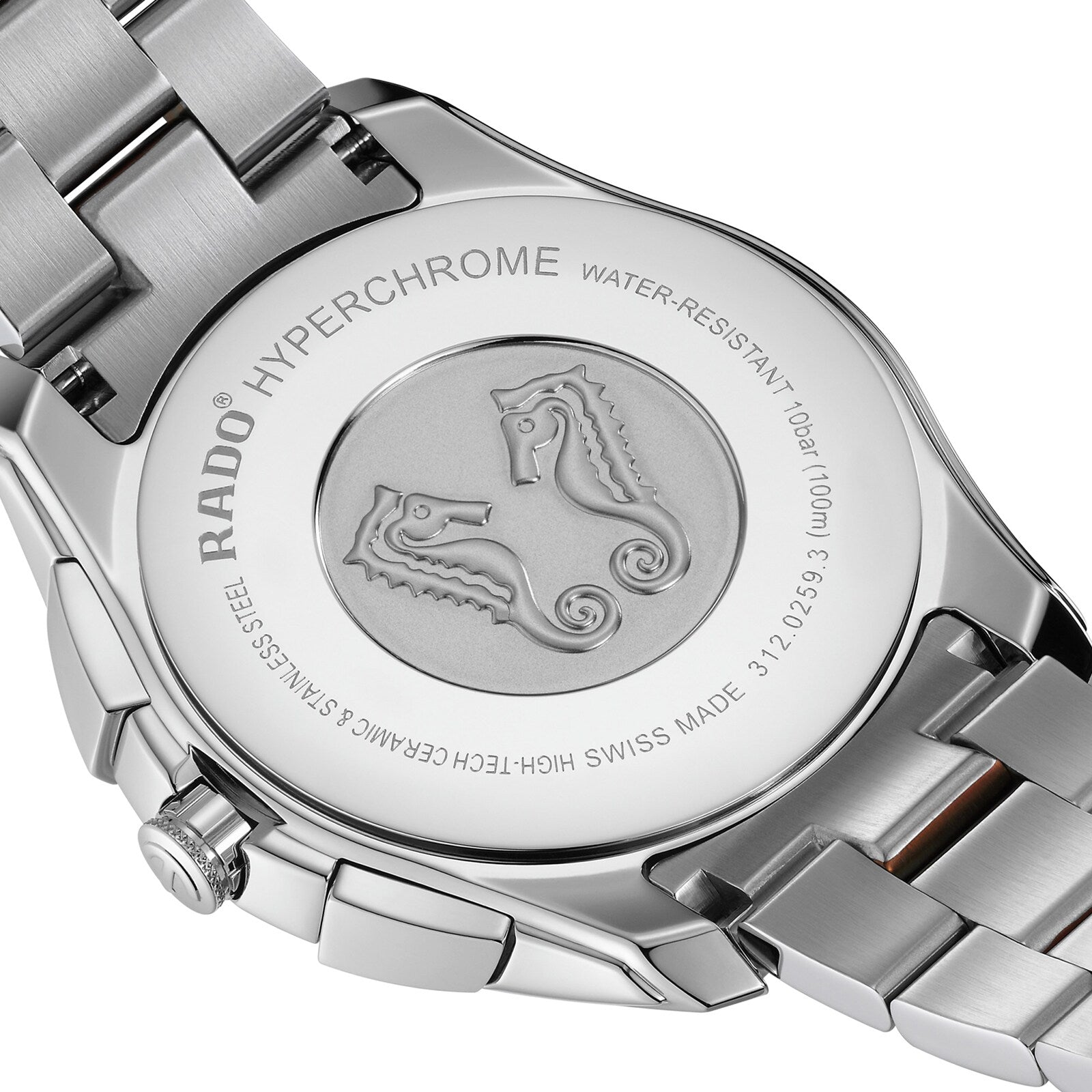 Close-up of the back of a Rado Hyperchrome Chronograph, highlighting its engraved seahorses, water resistance details, and the sleek high-tech ceramic finish that defines this sophisticated timepiece.
