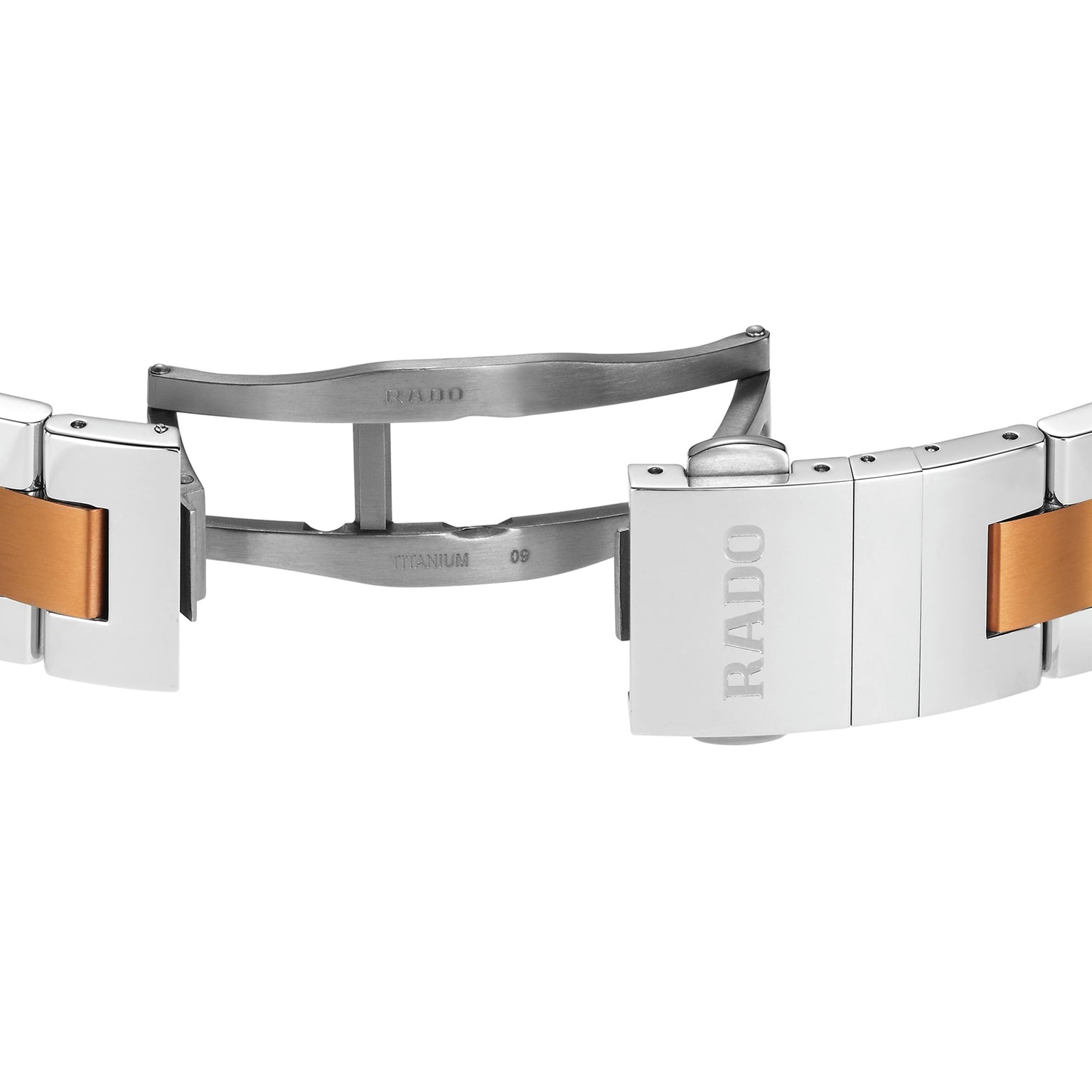 Close-up of an open Rado Hyperchrome Chronograph clasp in silver-toned and rose gold metal, displaying the RADO logo and TITANIUM engraving—an elegant touch typical of this high-tech ceramic model.