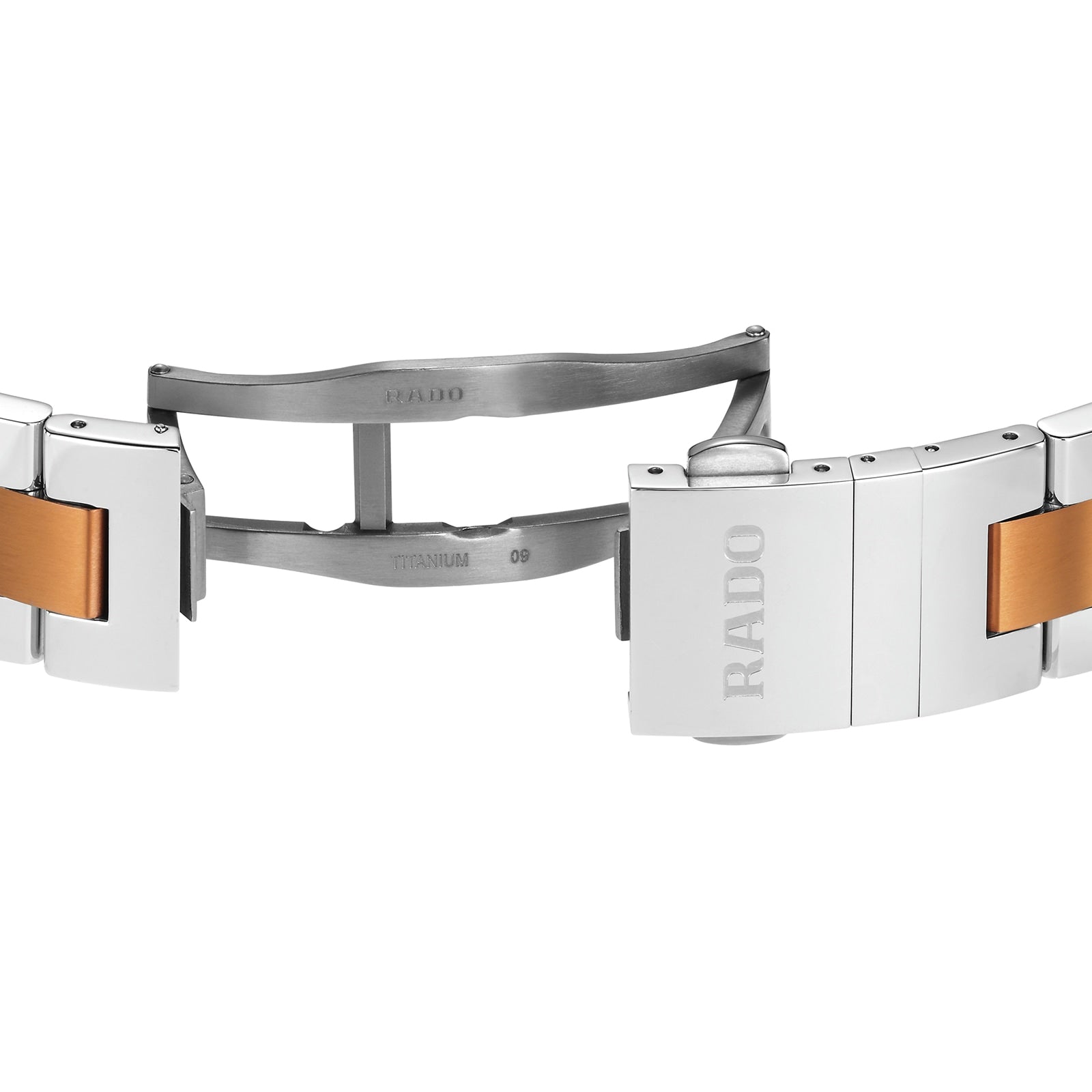 Close-up of an open Rado Hyperchrome Chronograph clasp in silver-toned and rose gold metal, displaying the RADO logo and TITANIUM engraving—an elegant touch typical of this high-tech ceramic model.