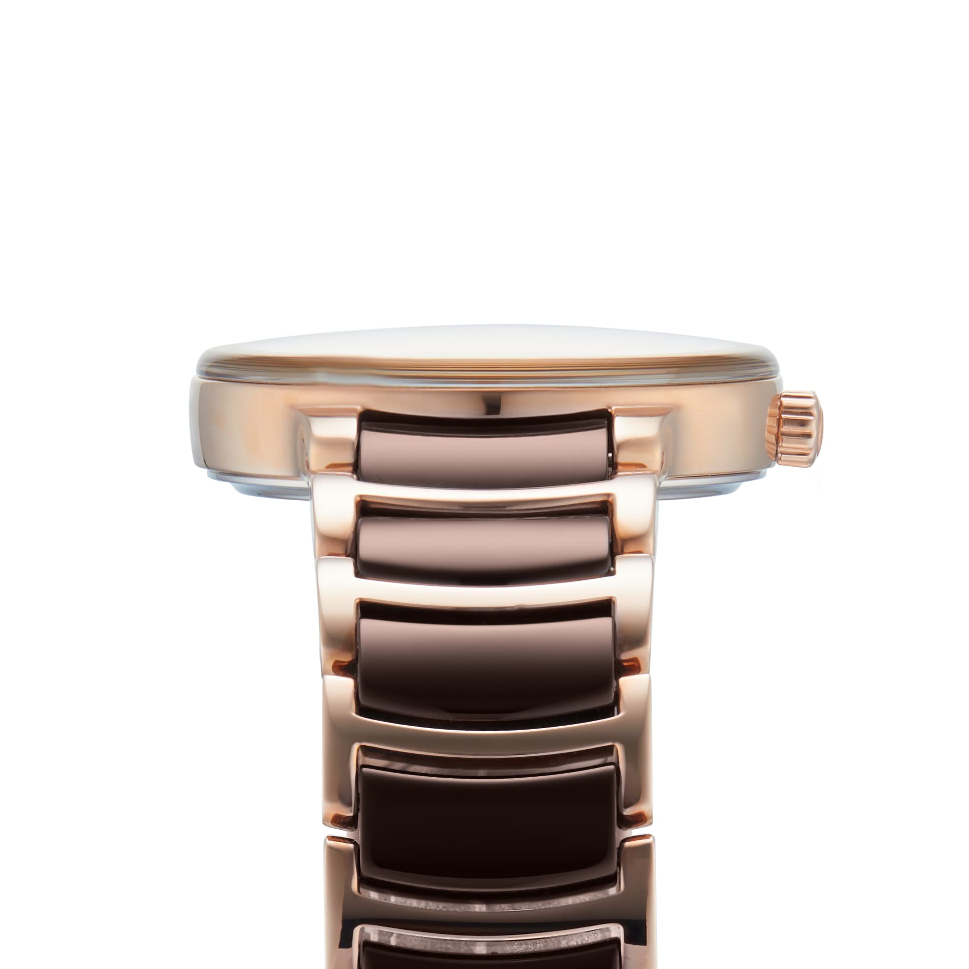 Side view of the Rado Centrix, a luxury automatic wristwatch featuring a rose gold metal link band, round flat bezel, and detailed crown—highlighting the refined craftsmanship of this elegant timepiece.