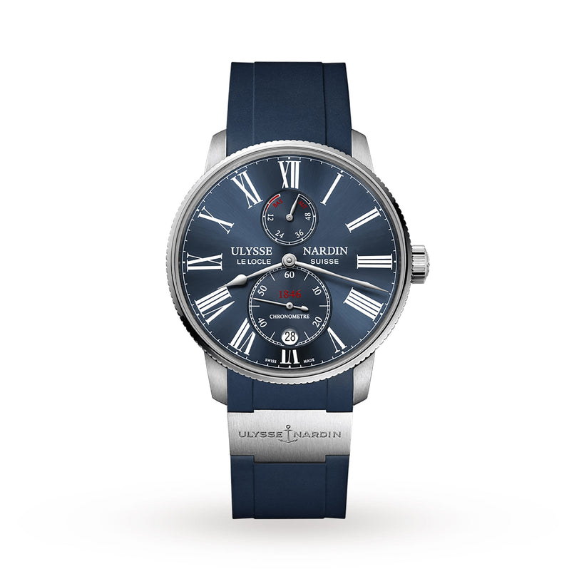 The Ulysse Nardin Marine Torpilleur features a stainless steel case, blue rubber strap, blue dial with Roman numerals, power reserve indicator, and date window—an iconic piece from the Marine collection.