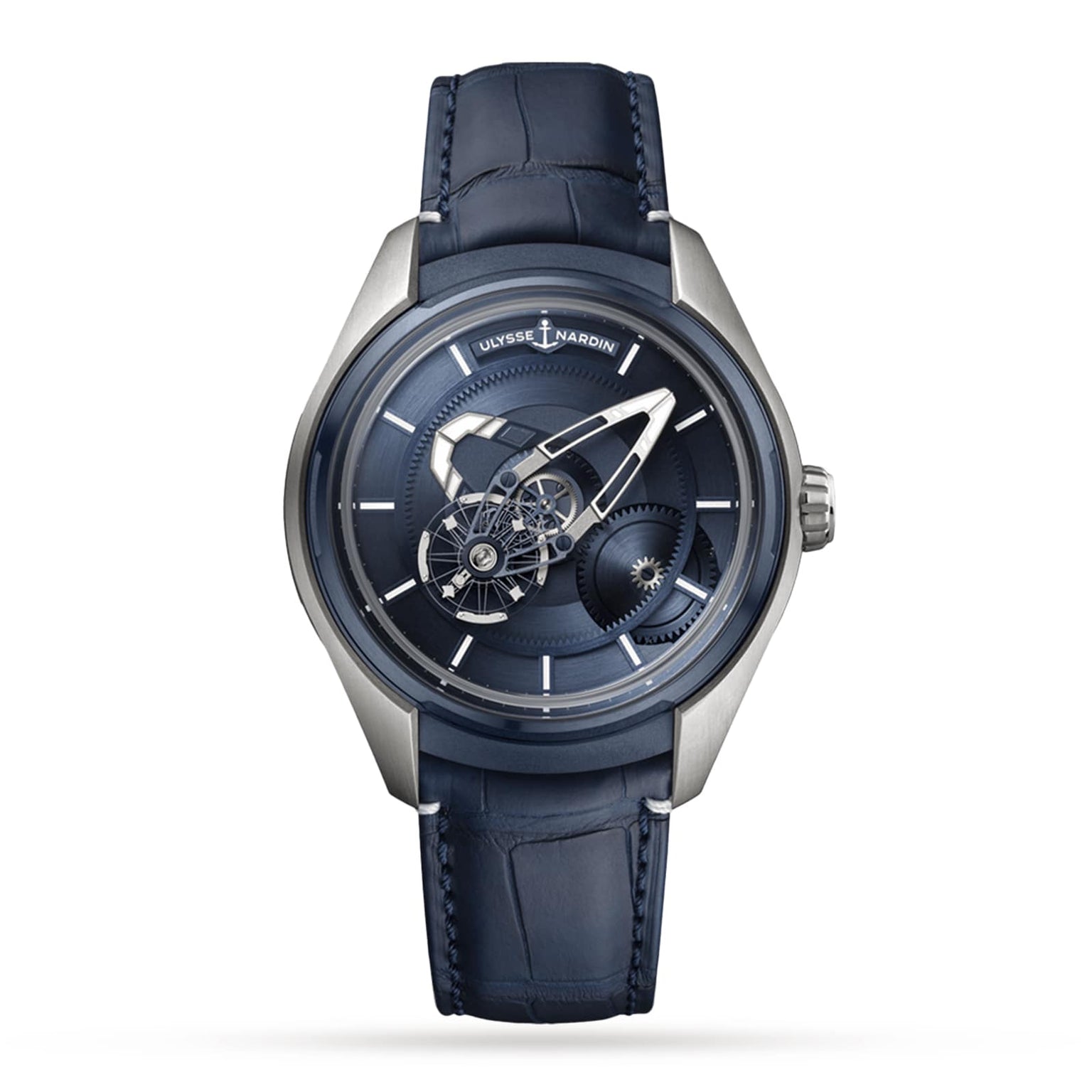 The Ulysse Nardin Freak X Ti Blue features a striking blue dial, open-gear design, silver markers, and a matching blue leather strap.