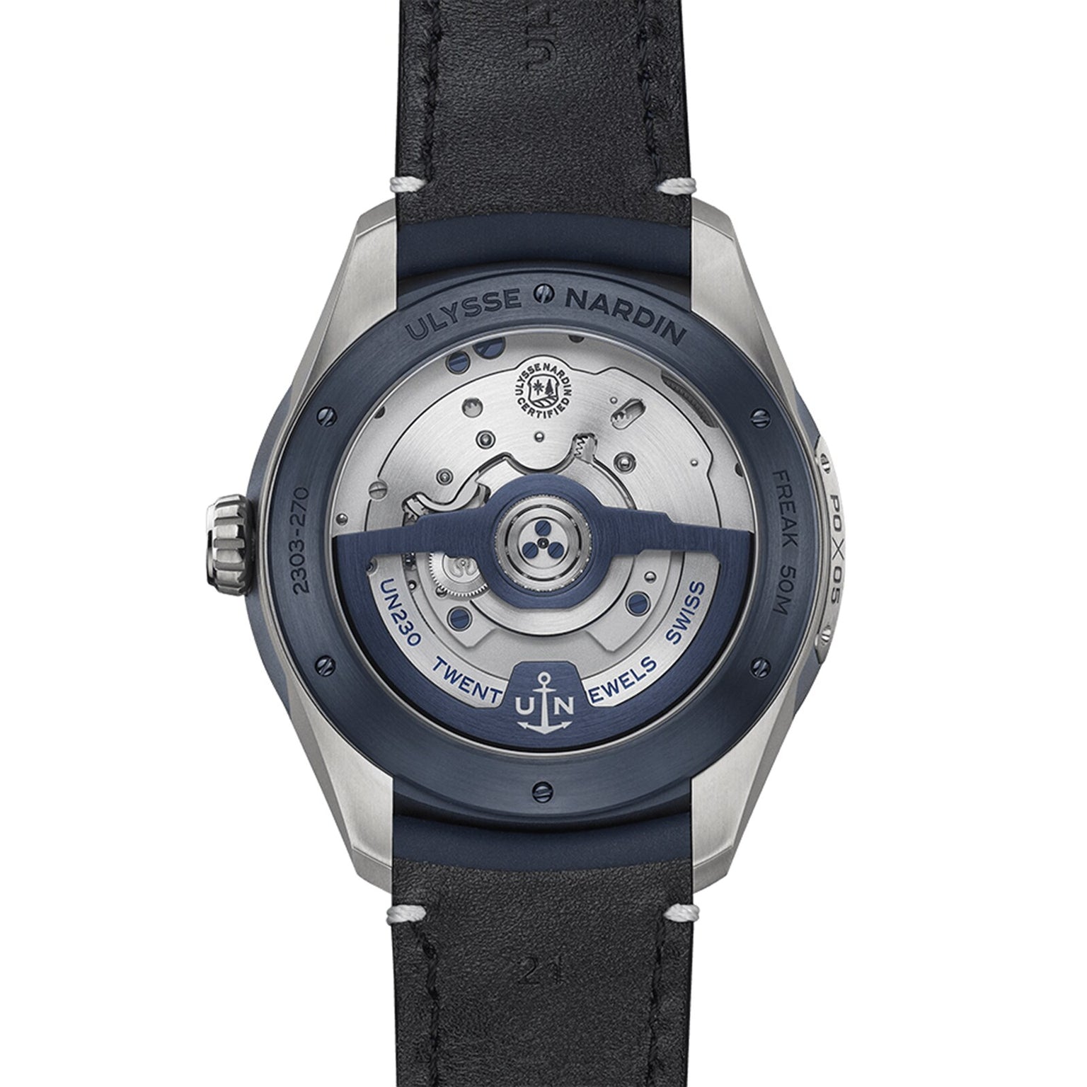 Close-up of the back of the Ulysse Nardin Freak X Ti Blue, highlighting its automatic movement, rotor, and engraved details on the metal case and rim.