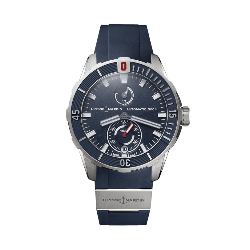 The Ulysse Nardin Diver 44 is an automatic diving watch featuring a blue dial, blue strap, unidirectional bezel, date display, advanced UN-118 movement with silicium tech, and water resistance up to 300 meters.