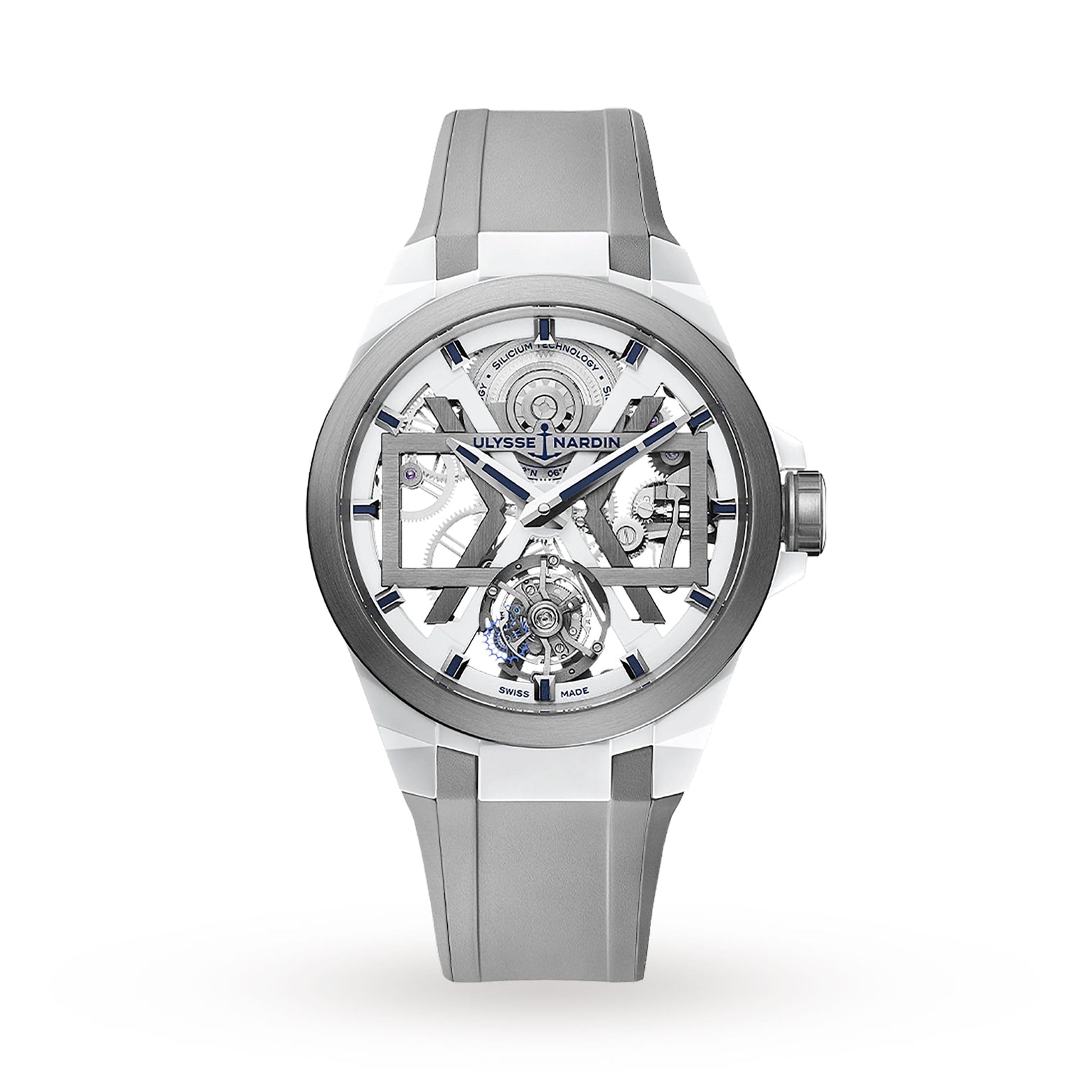 The Ulysse Nardin Blast Tourbillon features a transparent dial with visible gears, an automatic tourbillon, grey and white strap, Swiss Made label, and is displayed against a white background.