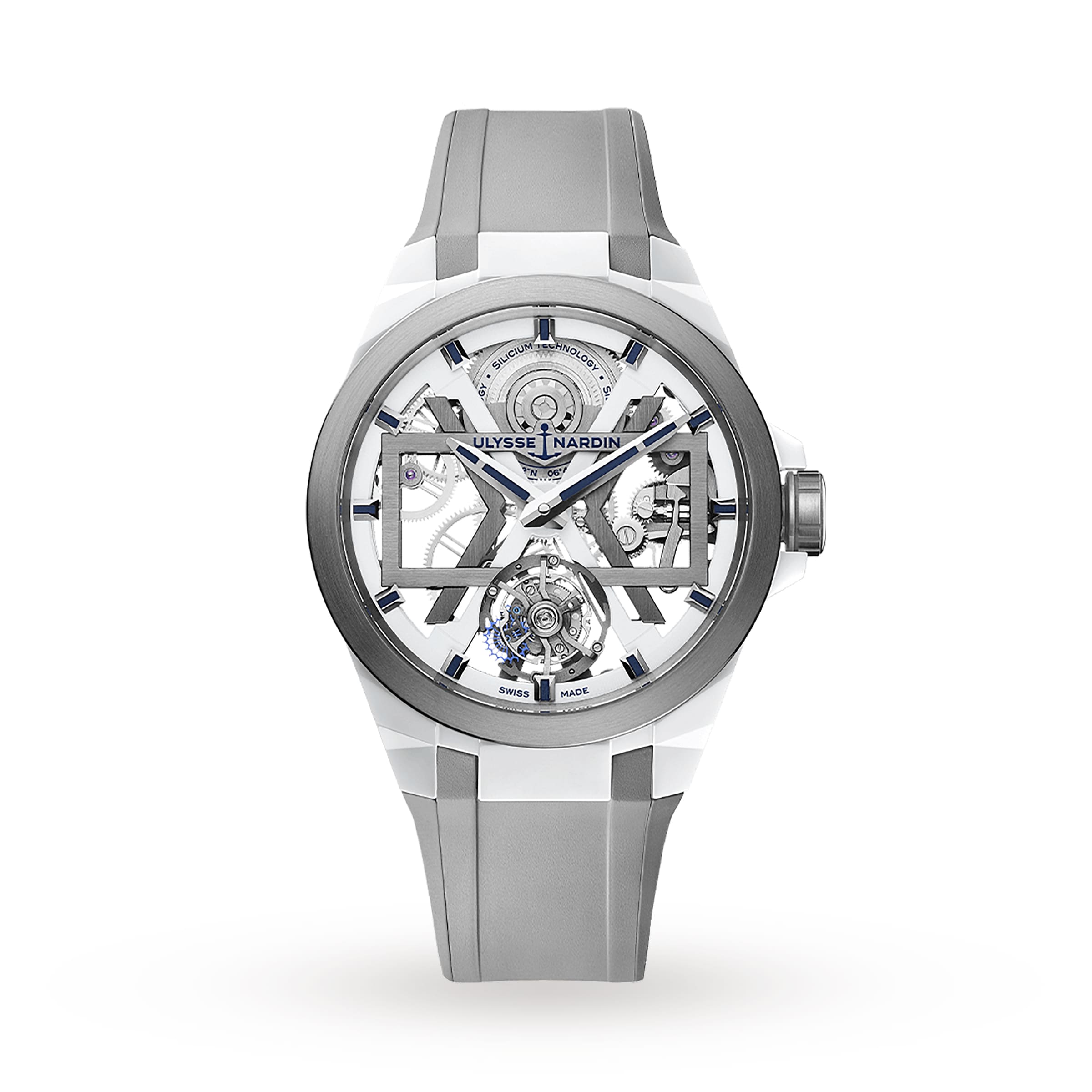 The Ulysse Nardin Blast Tourbillon features a transparent dial with visible gears, an automatic tourbillon, grey and white strap, Swiss Made label, and is displayed against a white background.