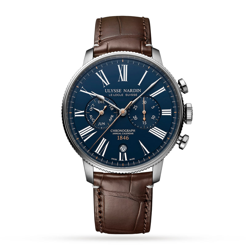 The Ulysse Nardin Marine Torpilleur Annual Chronograph features a blue dial with Roman numerals, a leather strap, and multiple subdials for day, date, and month in an elegant annual calendar display.