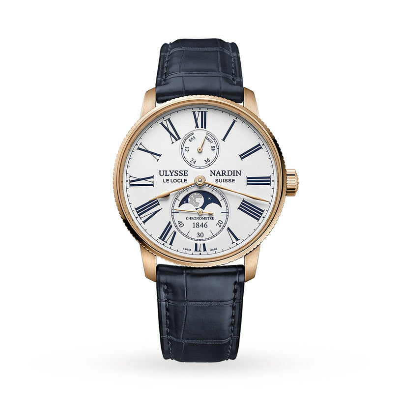 Ulysse Nardin Marine Torpilleur Moonphase watch featuring a white dial with Roman numerals, blue strap, gold case, and moon phase display.