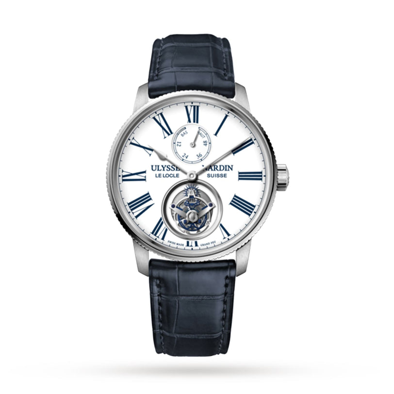The Ulysse Nardin Marine Torpilleur Tourbillon is a luxury wristwatch with a white Grand Feu enamel dial, blue Roman numerals, two subdials, black leather strap, and the brand’s signature elegantly on the face.