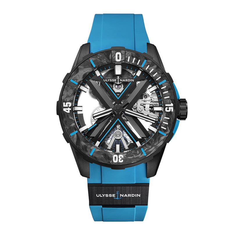 The Ulysse Nardin Diver X Skeleton Azure is a sporty blue and black wristwatch featuring a partially skeletonized dial and bold hour markers.