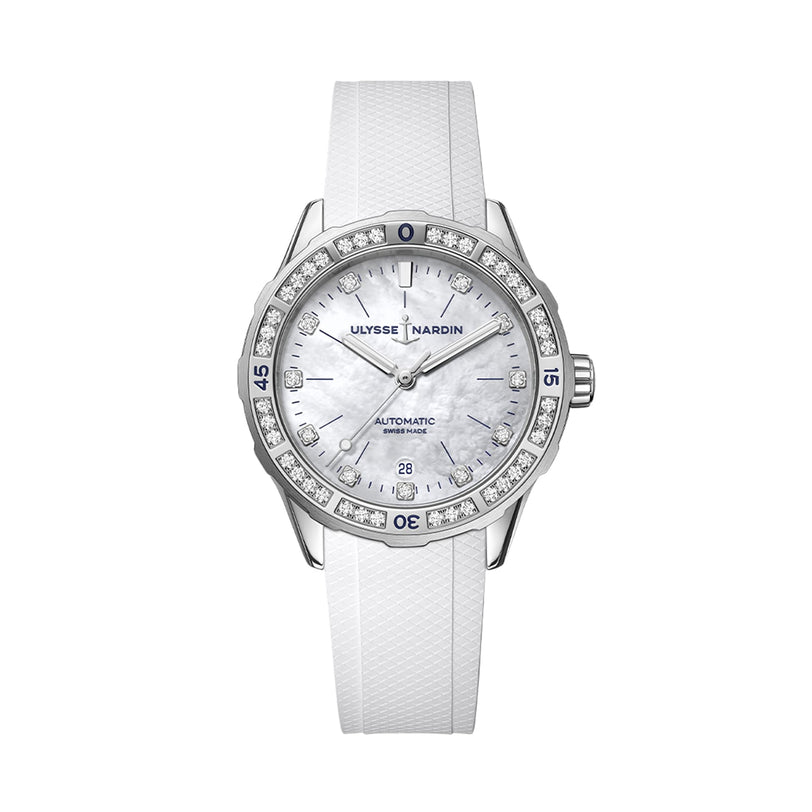 The Ulysse Nardin Diver 39 is a luxury ladies watch with a white textured strap, diamond-studded bezel, diamond hour markers, mother-of-pearl dial, and the iconic brand logo on the face.