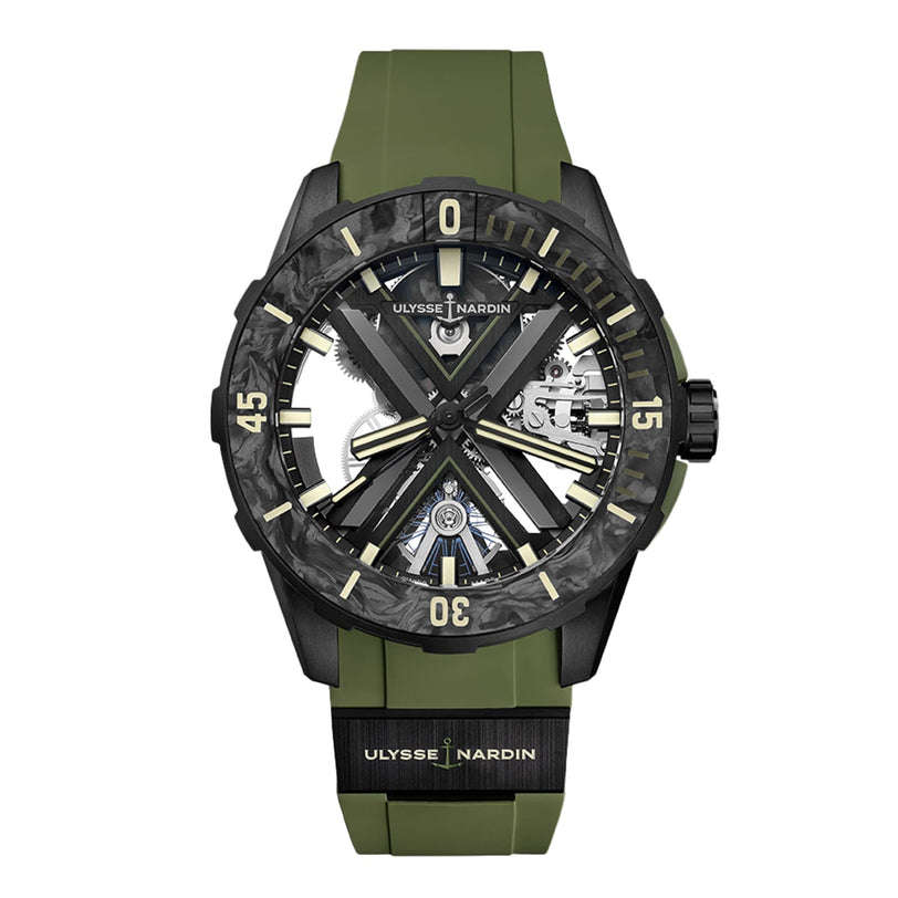 Ulysse Nardin Diver X Skeleton OPS dive watch featuring a green strap, black bezel, and transparent skeleton dial with visible mechanical components—a bold statement in haute horlogerie.