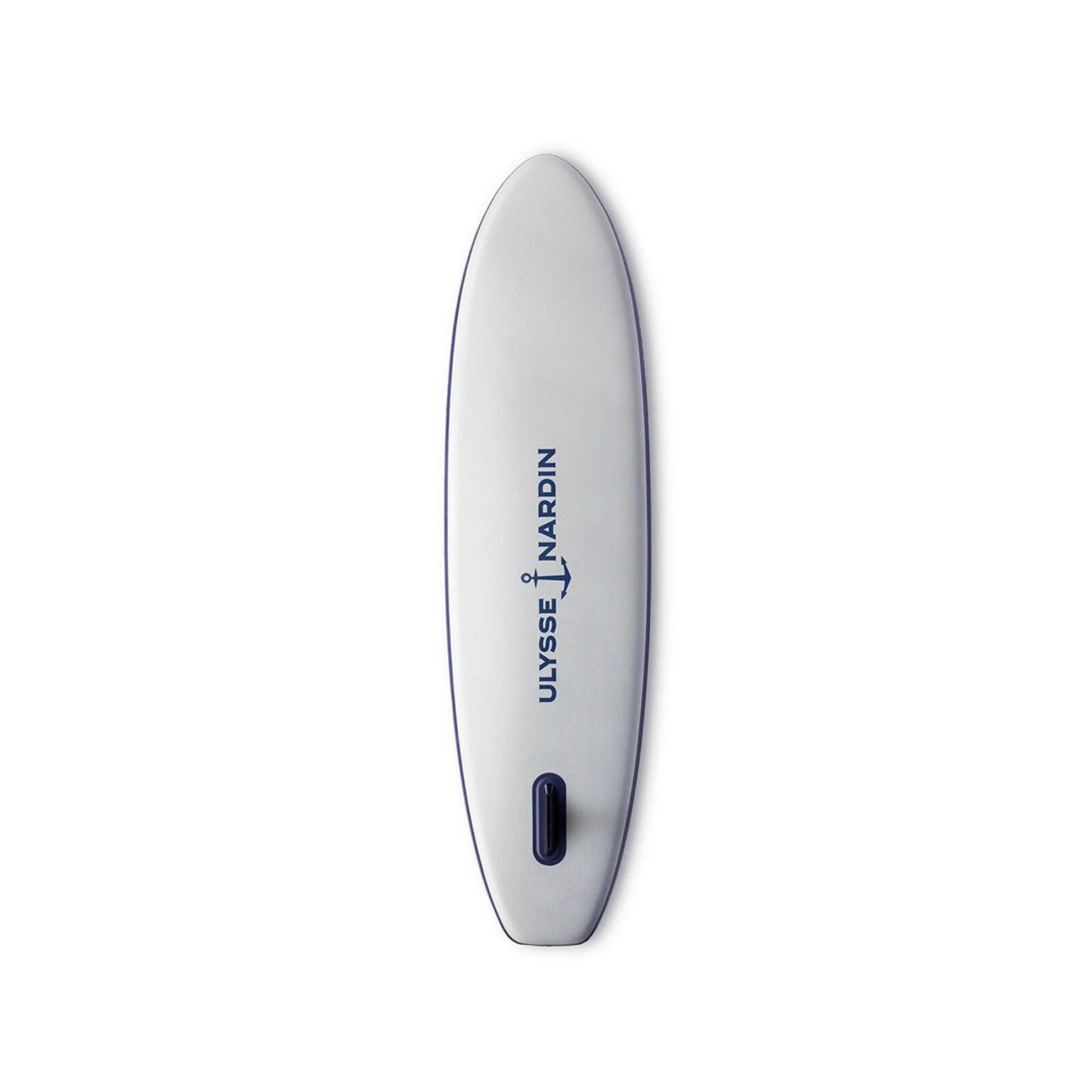 A limited edition Diver X Beau Lake surfboard by Ulysse Nardin, white with a vertical blue logo, displayed on a plain white background.