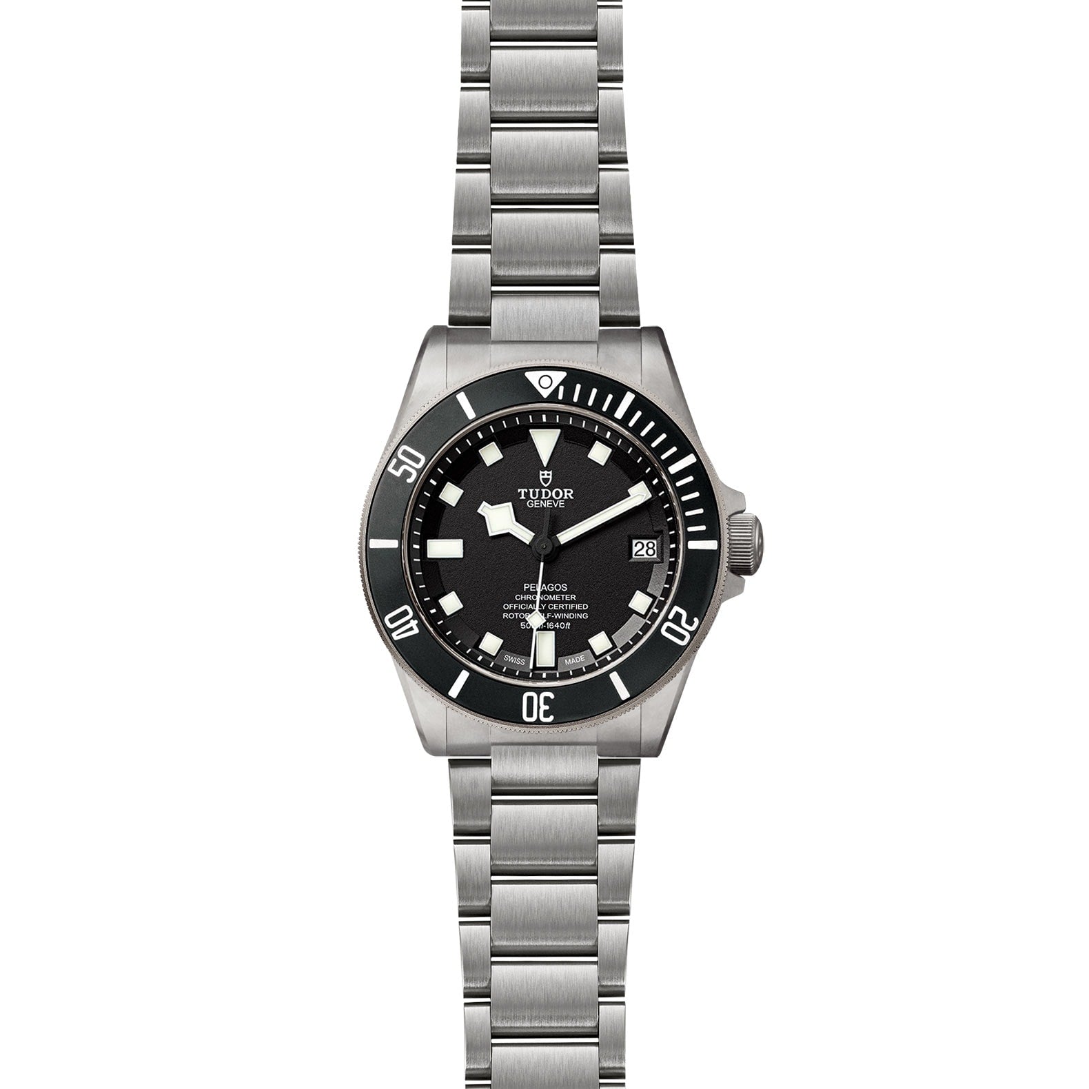 A TUDOR Pelagos stainless steel divers watch with a black rotating bezel, black dial, luminous markers, date window at 3 o’clock, and a link bracelet.