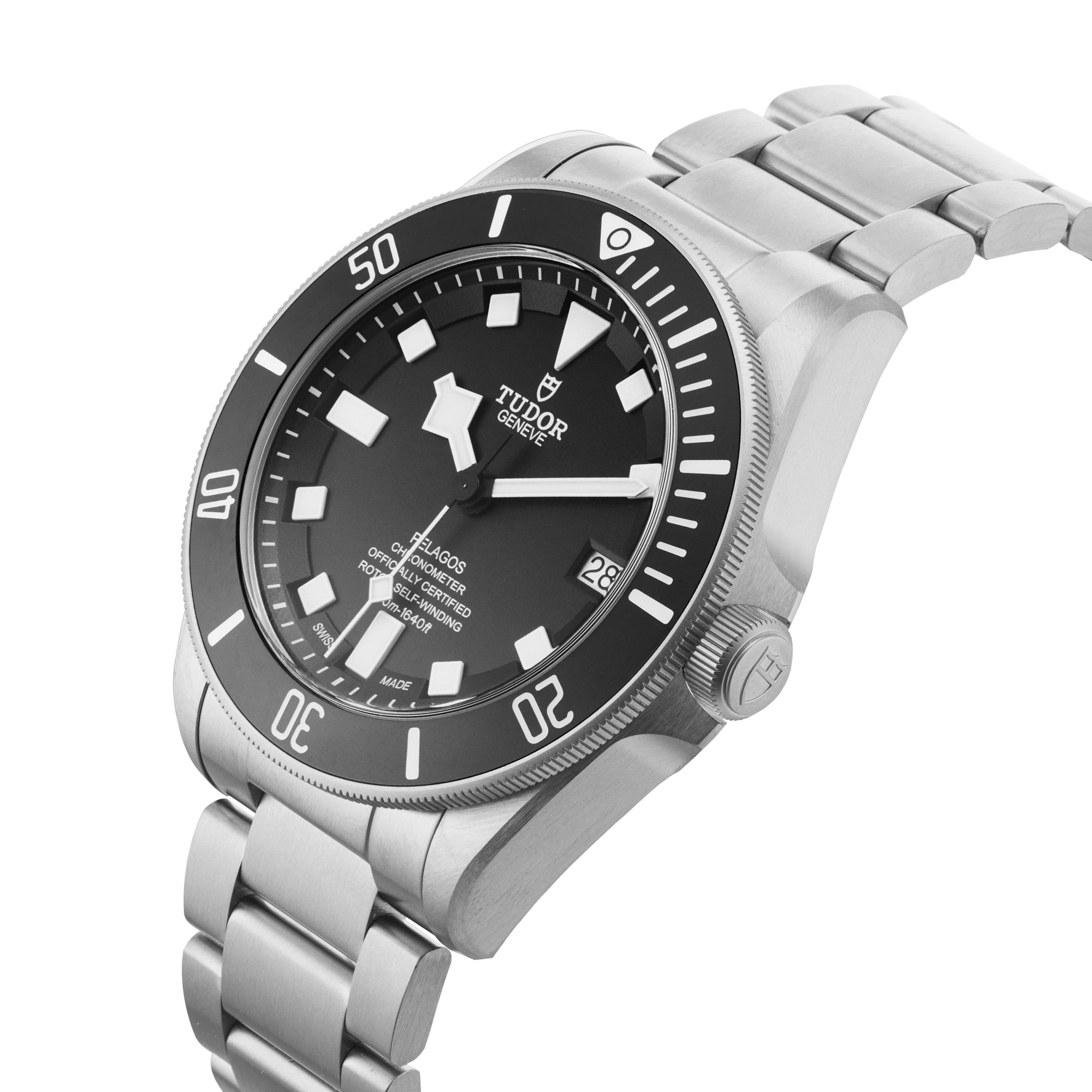 The TUDOR Pelagos is a stainless steel diver’s watch featuring a black dial, square hour markers, date display, and helium escape valve on a sleek titanium bracelet.