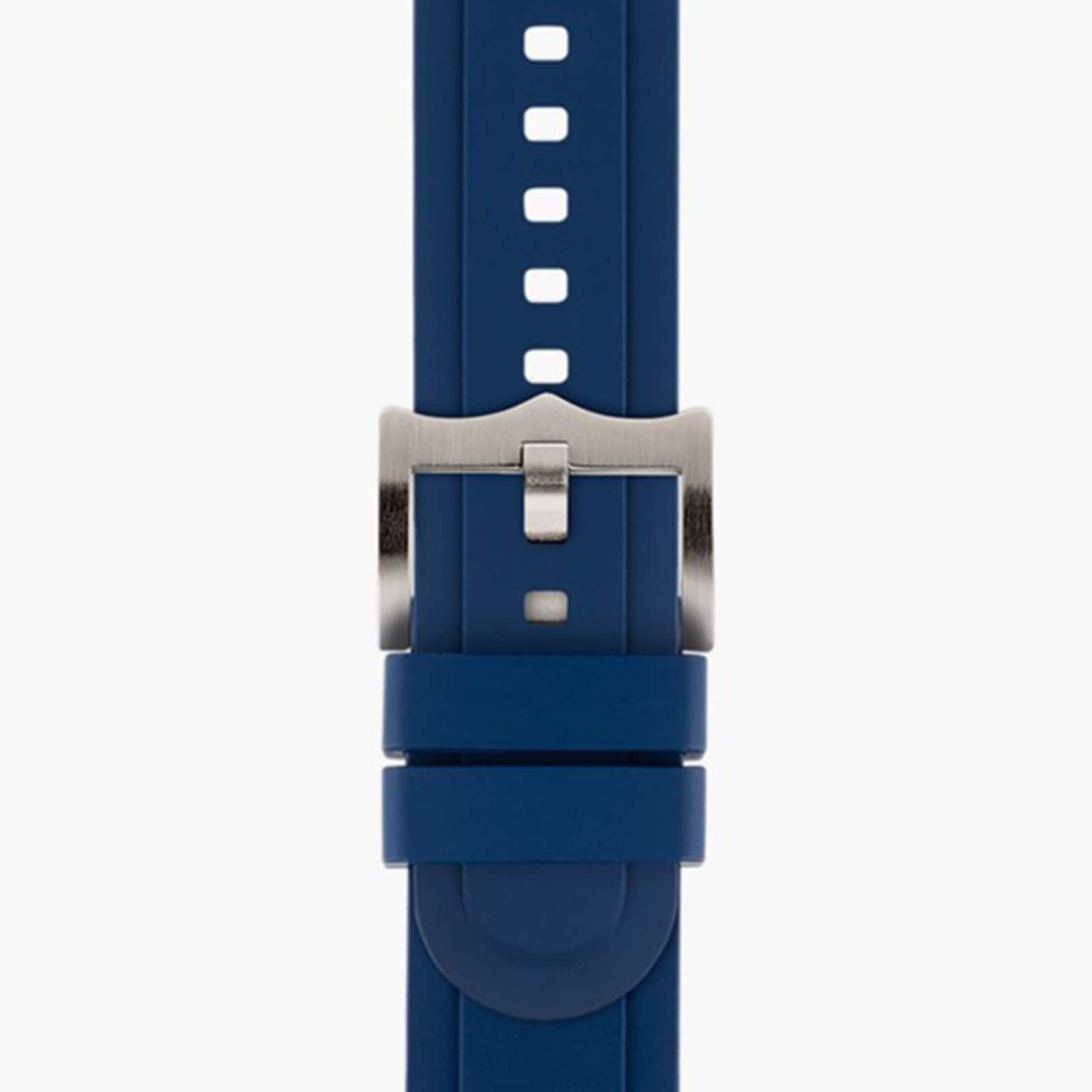 Blue silicone watch strap with rectangular holes and a silver metal buckle, ideal for the TUDOR Pelagos diving watch, shown vertically against a plain white background.