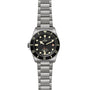 The TUDOR Pelagos LHD is a diver’s watch with a stainless steel case, black bezel, black dial with luminescent markers, date at 3 o’clock, and a sturdy metal bracelet.