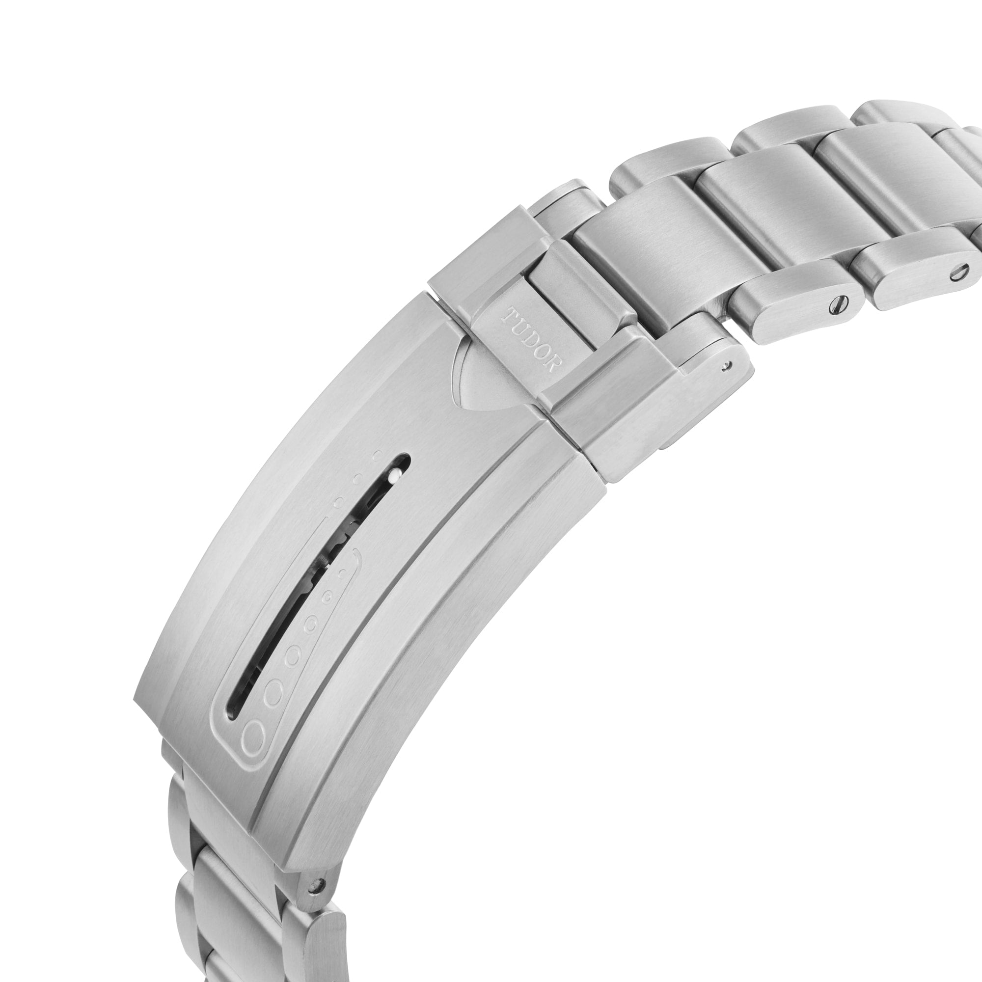 Close-up of the TUDOR Pelagos LHD’s stainless steel bracelet featuring Tudor branding and an adjustable clasp.