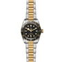 The TUDOR Black Bay S&G features a black dial, gold bezel, and a two-tone silver and gold bracelet, displaying the time at 10:10.