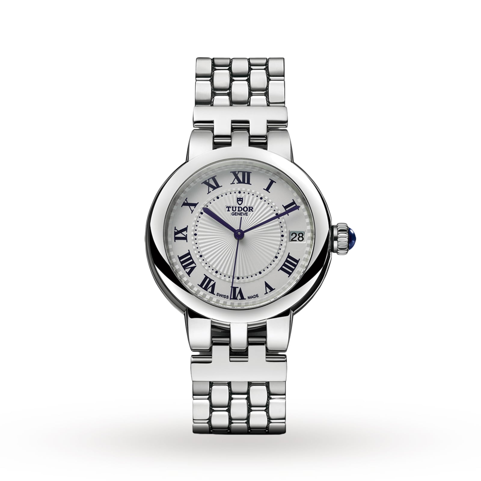 A TUDOR Clair de Rose wristwatch featuring a silver case, white dial, blue Roman numerals, and a metal link bracelet.