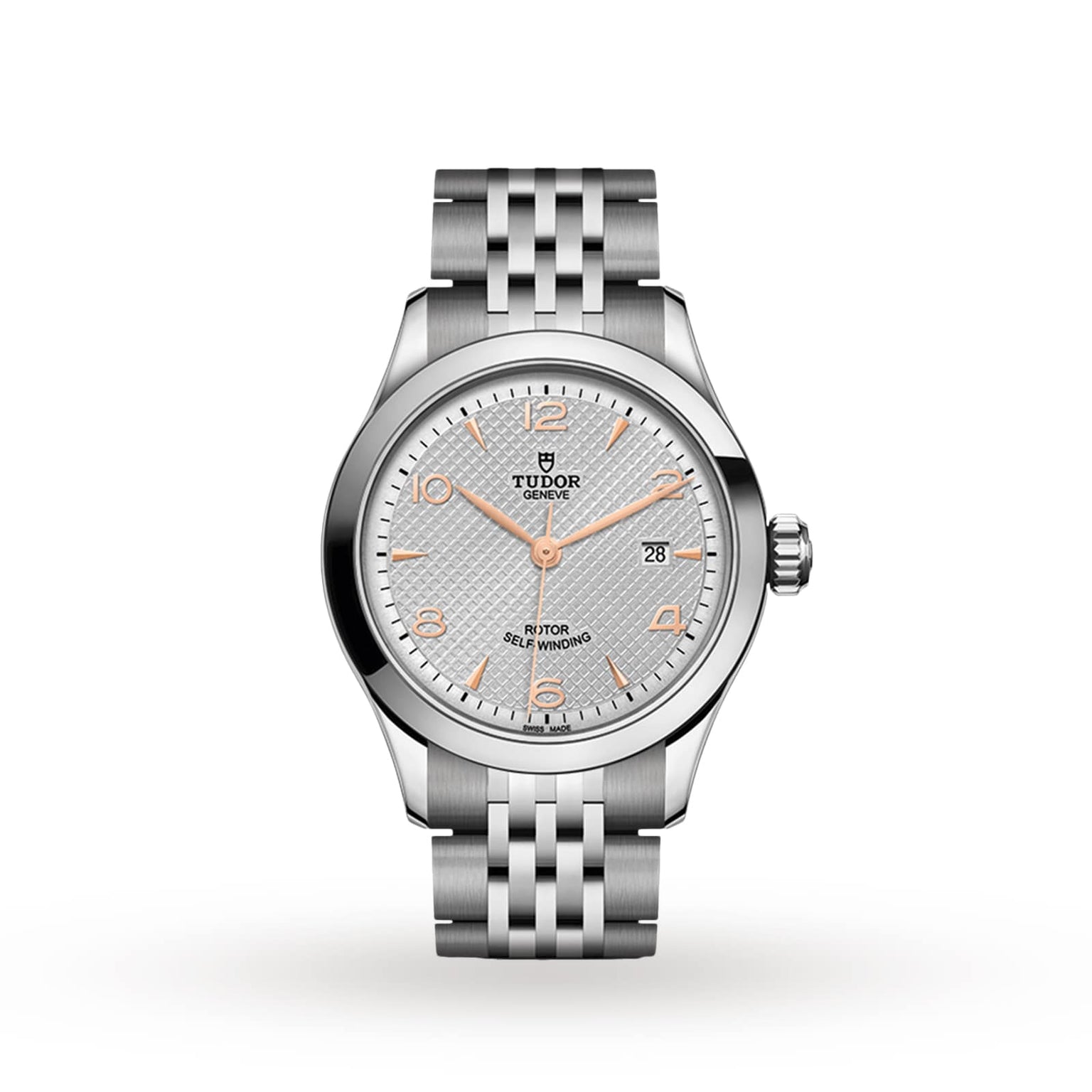 A TUDOR 1926 silver ladies’ wristwatch featuring a textured light gray dial, gold hour markers, self-winding movement, date at 3 o’clock, and metal link bracelet shown on a white background.