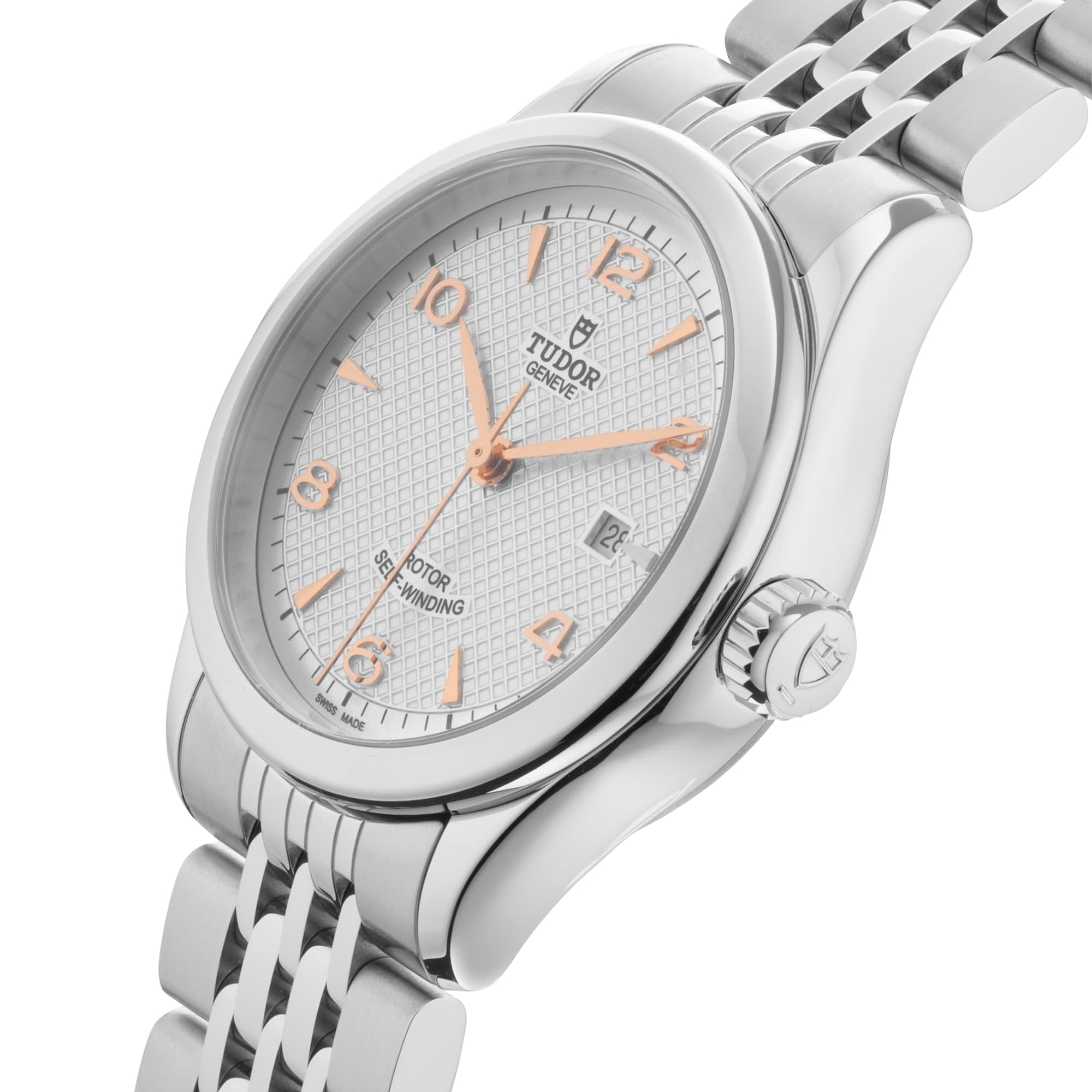 A close-up of a TUDOR 1926 ladies’ wristwatch featuring a silver metal band, white textured dial, rose gold hour markers, and a date window at 3 o’clock.