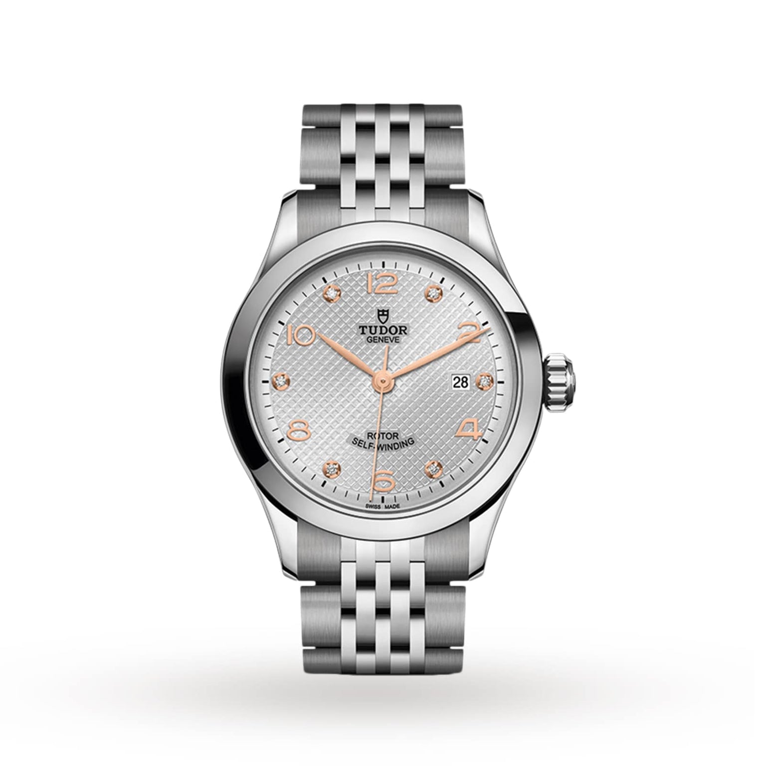 TUDOR 1926 wristwatch with a silver case, white dial, gold hour markers, and metal link bracelet shown on a white background.