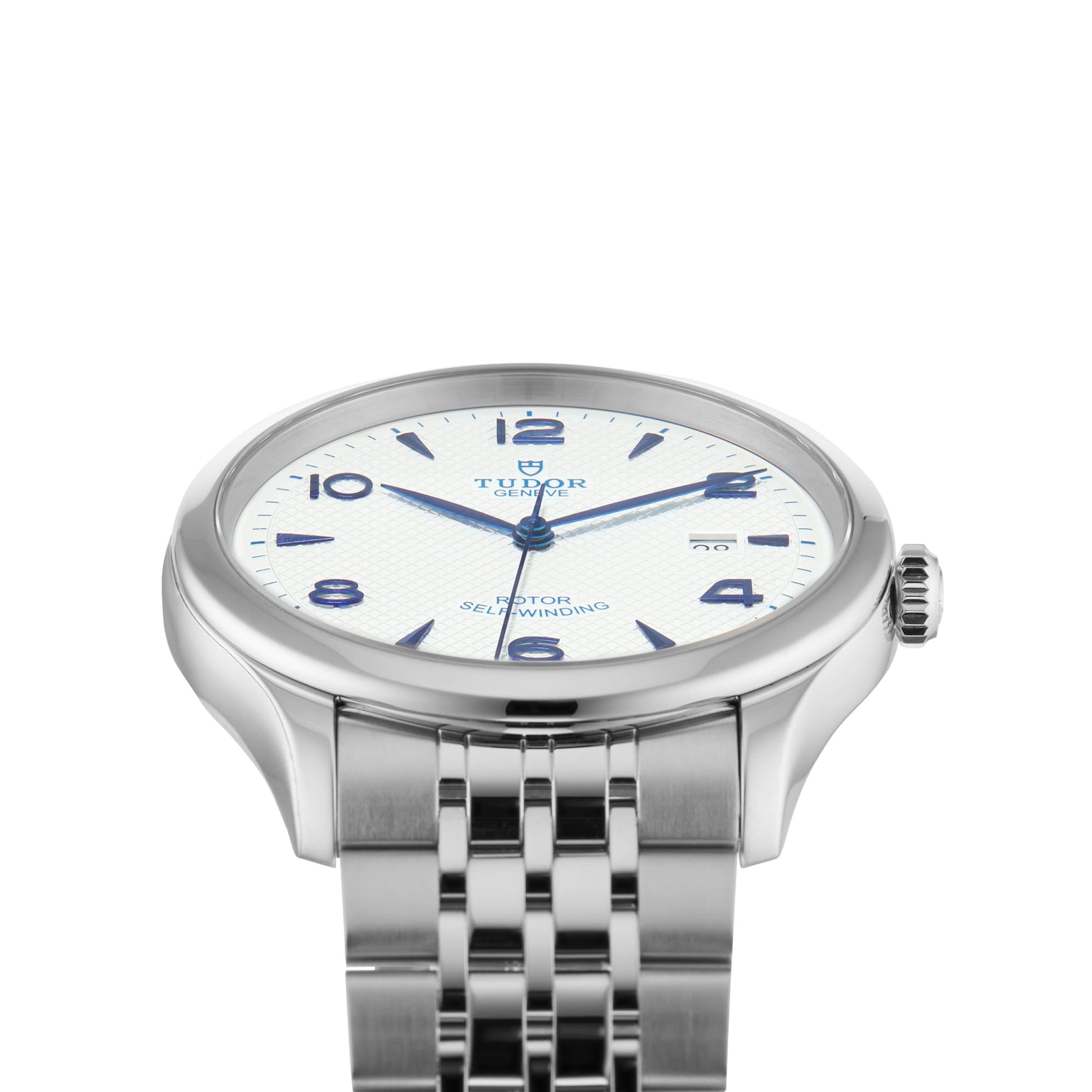 A TUDOR 1926 silver men’s watch with a white dial, blue Arabic numerals and hands, plus a metal link bracelet, is shown at an angle on a white background—an elegant pick for classic mechanical timepiece enthusiasts.