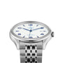 A TUDOR 1926 silver men’s watch with a white dial, blue Arabic numerals and hands, plus a metal link bracelet, is shown at an angle on a white background—an elegant pick for classic mechanical timepiece enthusiasts.