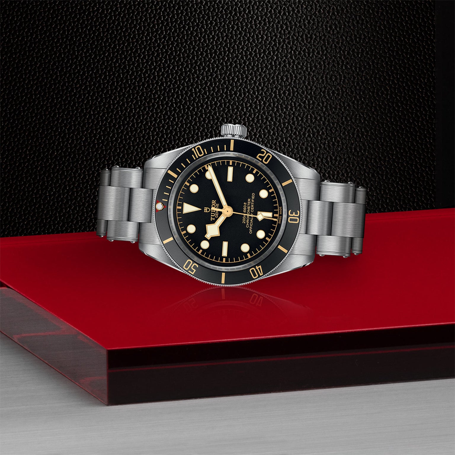The TUDOR Black Bay 58, a vintage-inspired stainless steel wristwatch with a black dial and gold accents, is displayed on a striking red and black geometric surface.