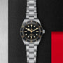 The TUDOR Black Bay 58 is a vintage-inspired stainless steel watch with a black bezel and dial, gold accents, and a metal bracelet, shown on a textured black surface with red and silver borders.