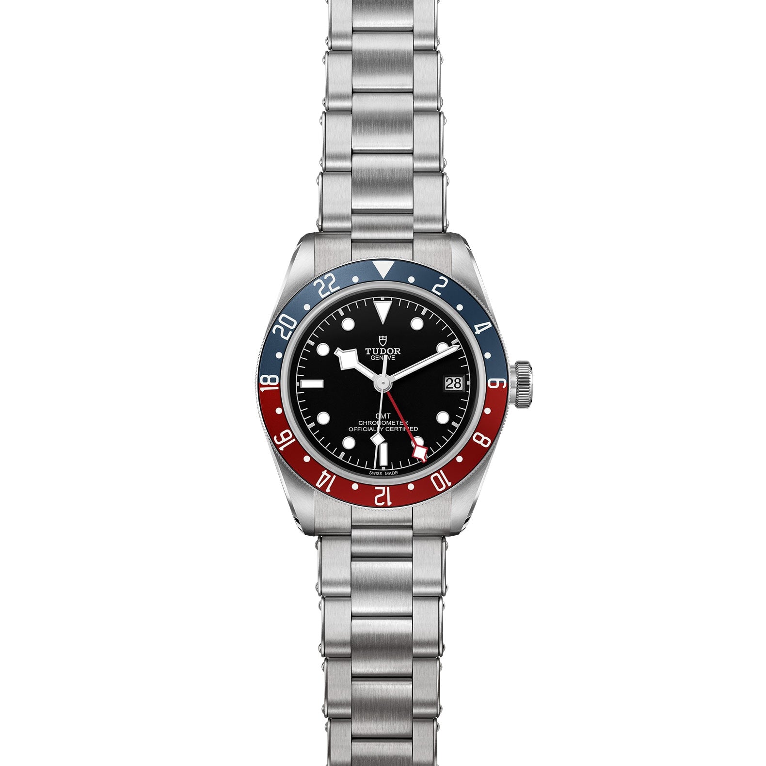 The TUDOR Black Bay GMT is a stainless steel wristwatch featuring a black dial, date display, and blue-red bezel on a metal bracelet—an eye-catching model inspired by classic diving watches.