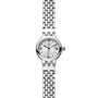 TUDOR Clair de Rose silver wristwatch with a round white face, Roman numerals, and metal link bracelet displayed on a white background.