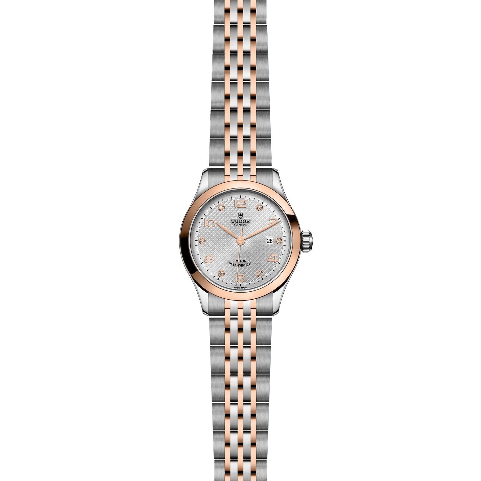 The TUDOR 1926 is a two-tone watch with a silver and rose gold bracelet, round silver dial, gold hour markers, rose gold bezel, date at 3 oclock, and powered by the mechanical caliber 2671.