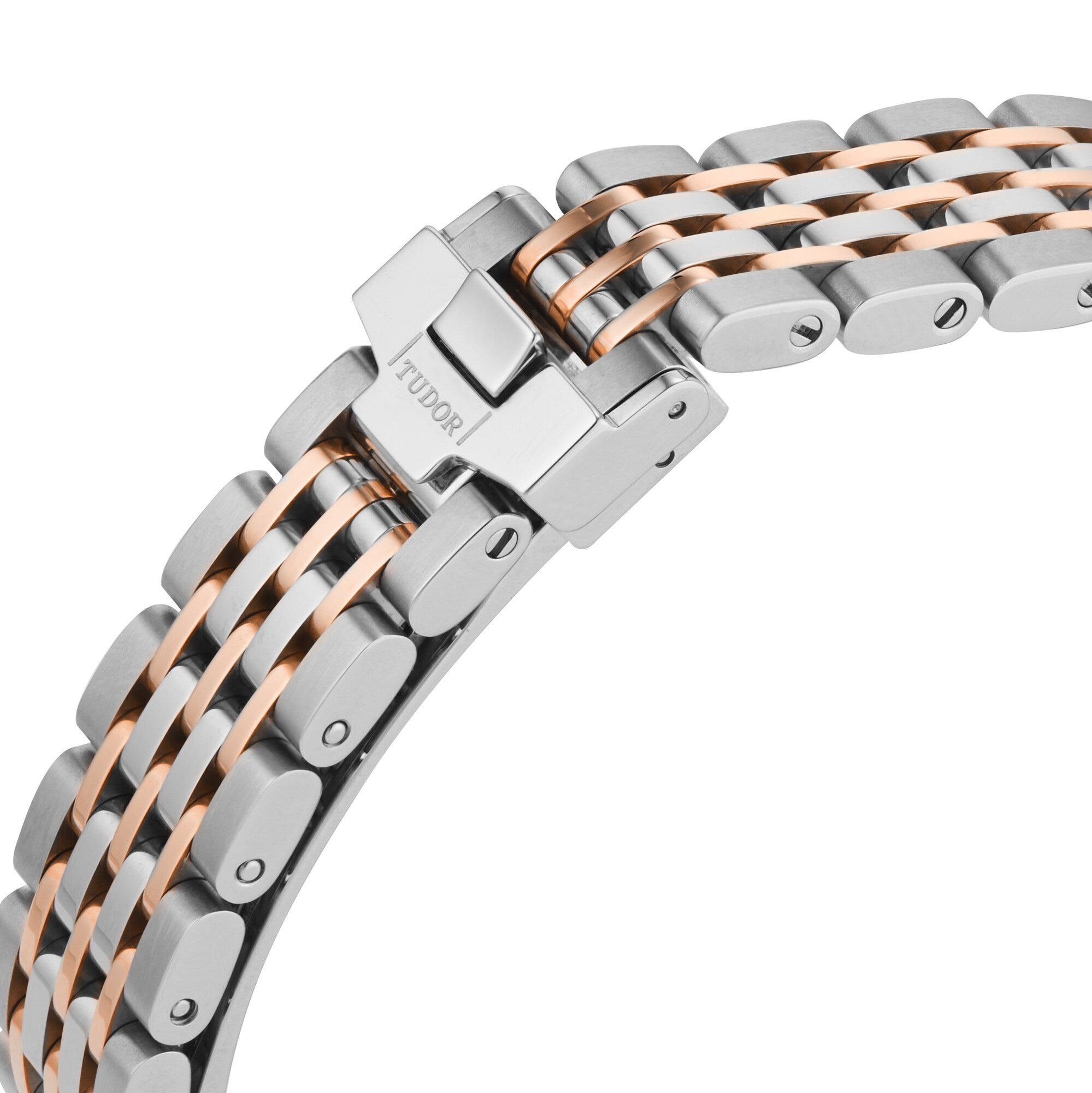 Close-up of a TUDOR 1926 bracelet in stainless steel and rose gold links, showcasing the engraved Tudor clasp—a perfect complement for any TUDOR watch with a rose gold bezel.